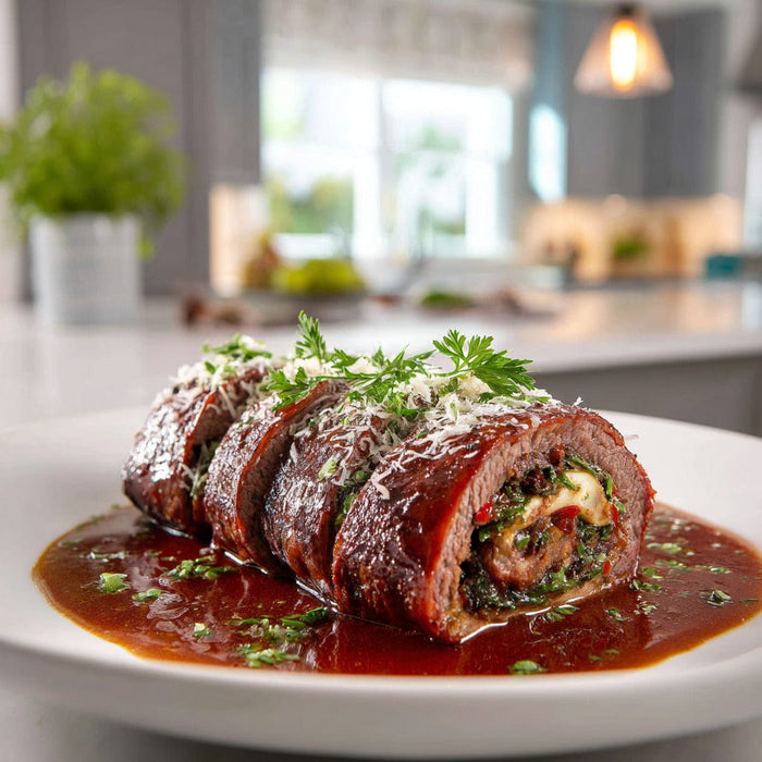 easyChef Pro Gourmet Stuffed Flank Steak with Parmesan and Red Wine Gravy