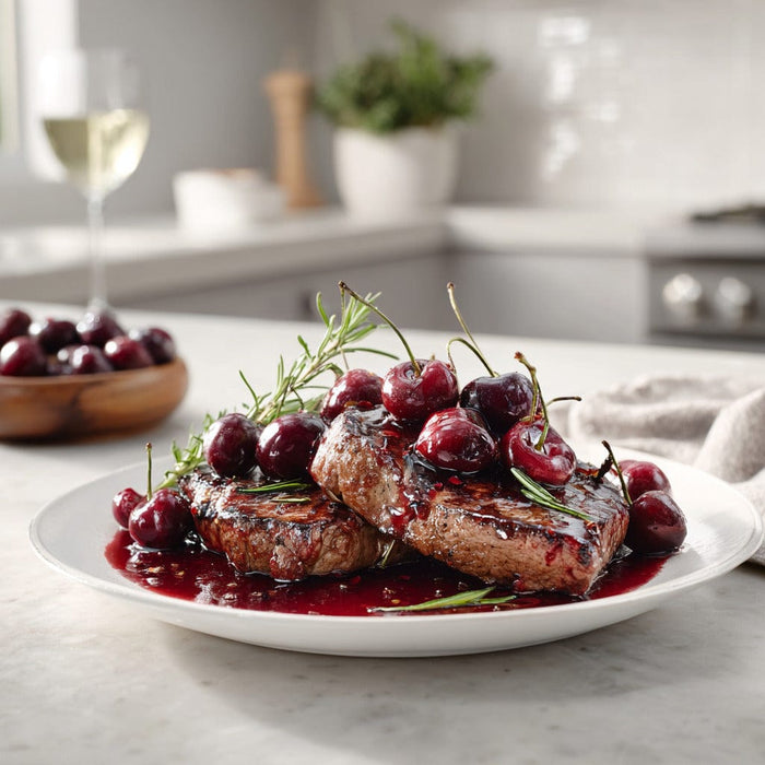 easyChef Pro Grilled New York Strip Steaks with Vanilla-Cherry Wine Reduction