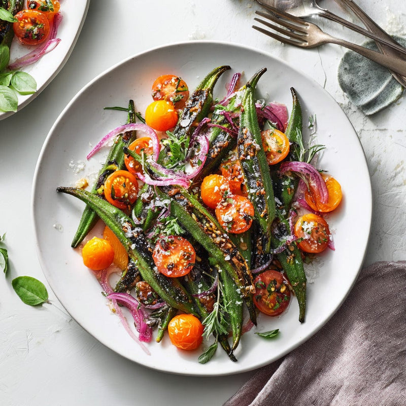 easyChef Pro Grilled Okra and Tomato Salad with Red Onion Vinaigrette