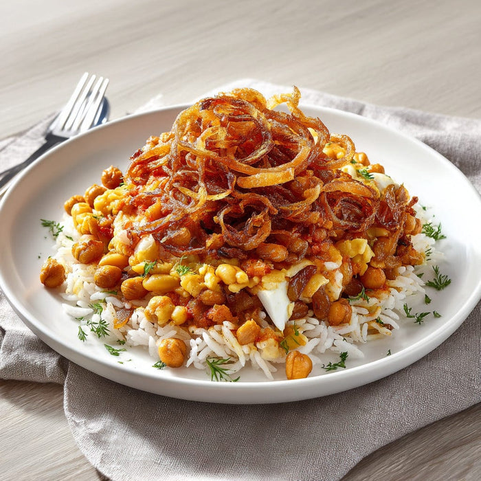 easyChef Pro Hearty Egyptian Koshary with Caramelized Onions and Spiced Tomato Sauce