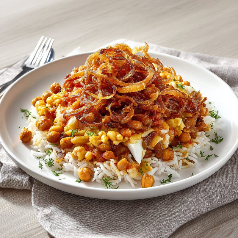 easyChef Pro Hearty Egyptian Koshary with Caramelized Onions and Spiced Tomato Sauce