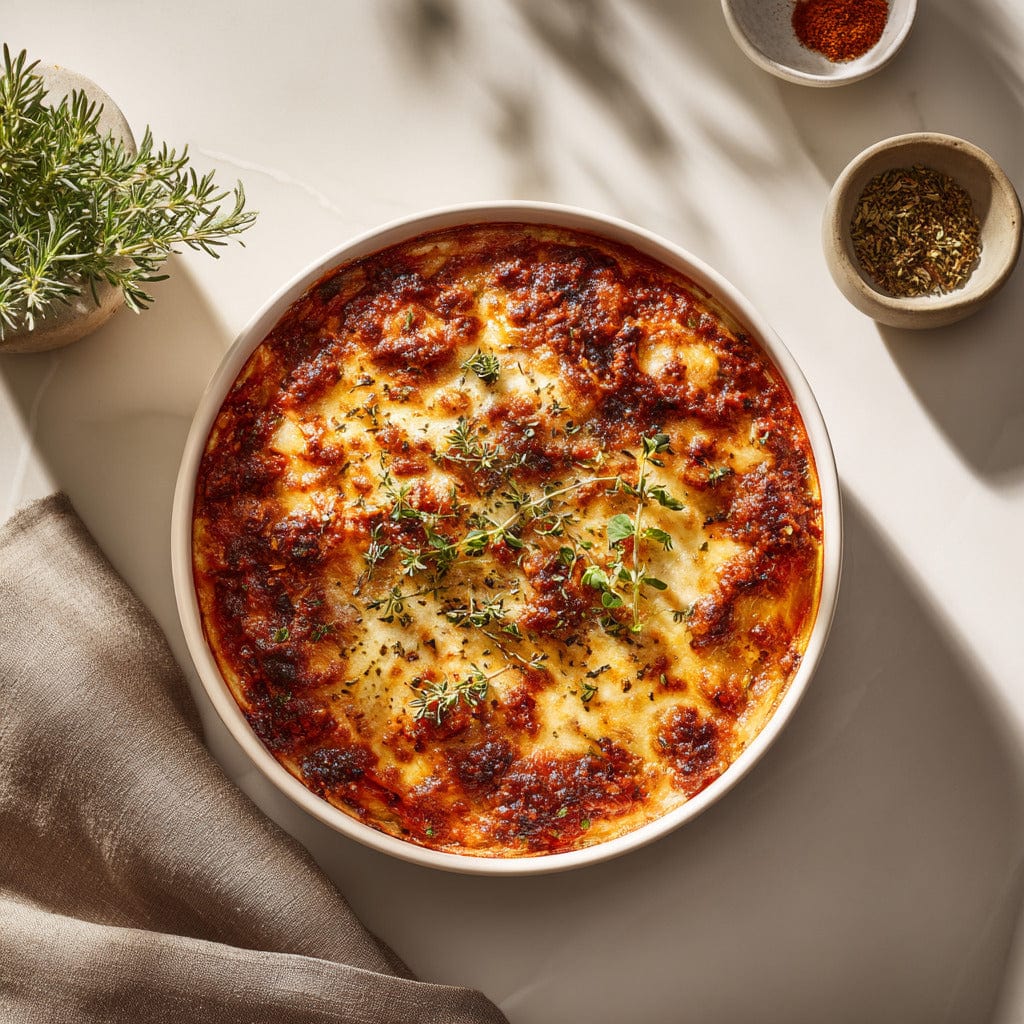easyChef Pro Herb-Infused Beef and Cheese Casserole with Fire-Roasted Tomatoes