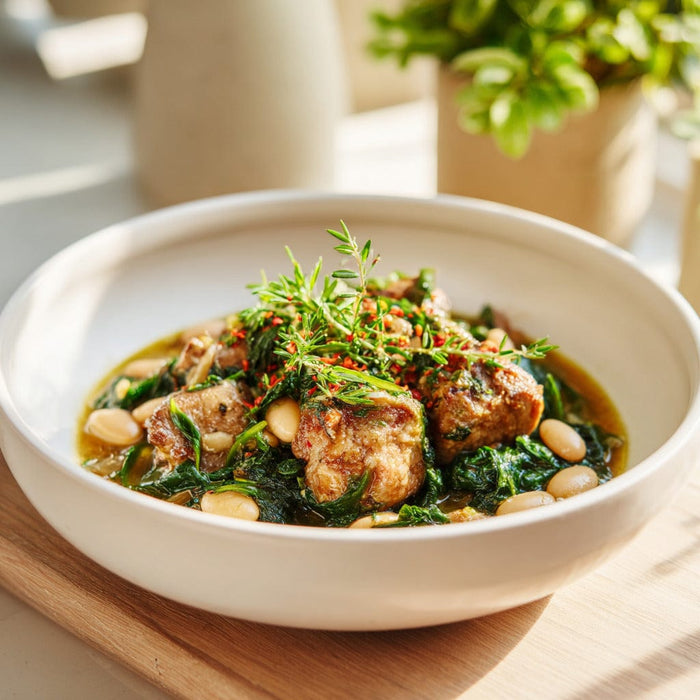 easyChef Pro Herb-Infused Pork Stew with Spinach and Butter Beans