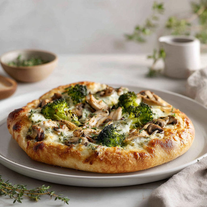 easyChef Pro Herb-Infused Ricotta Chicken Pizza with Broccoli and Mushrooms