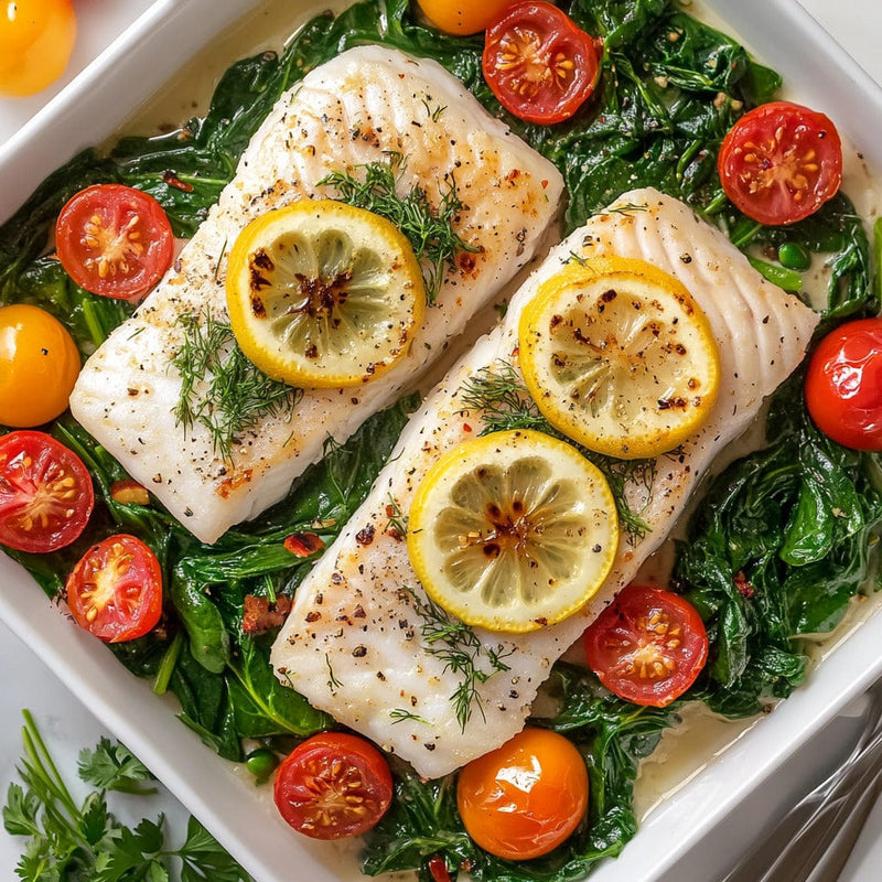 easyChef Pro Lemon-Dill Rockfish Bake with Spinach and Tomatoes