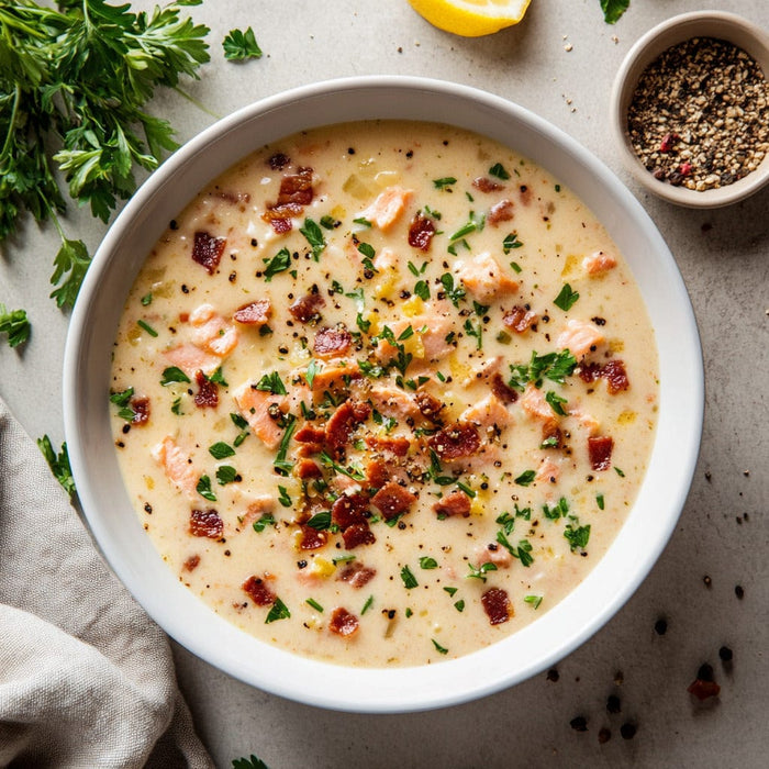 easyChef Pro Luxurious Smoked Salmon Chowder with Crispy Bacon and Fresh Herbs