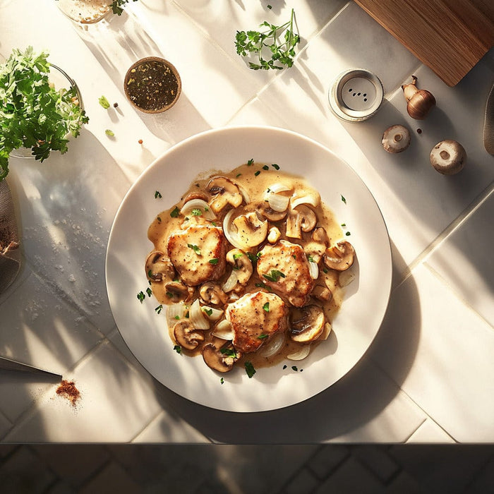 easyChef Pro Mustard-Infused Pork Stroganoff with Mushrooms