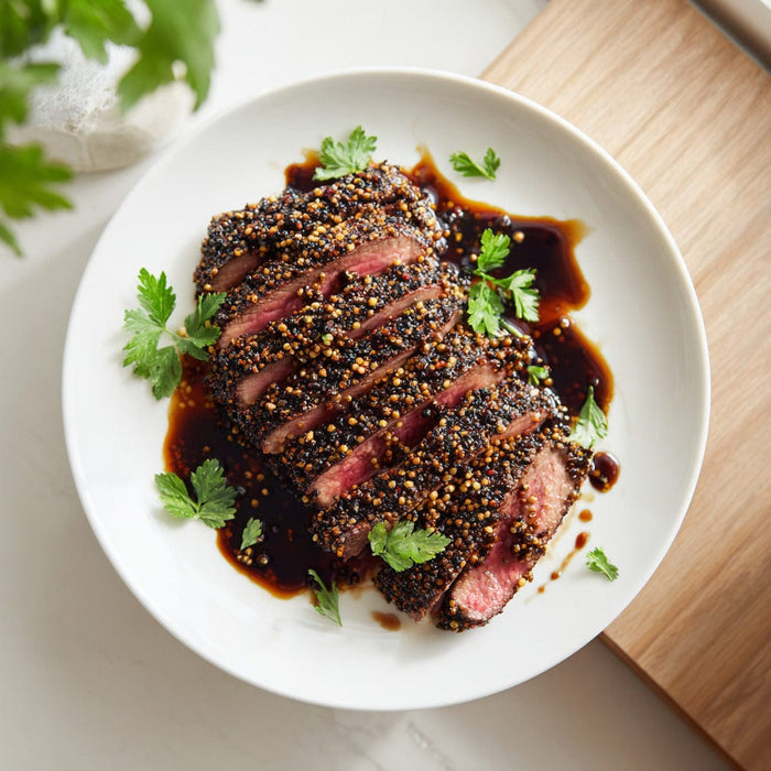 easyChef Pro Pepper-Crusted Flat Iron Steak with Balsamic Glaze and Fresh Herbs