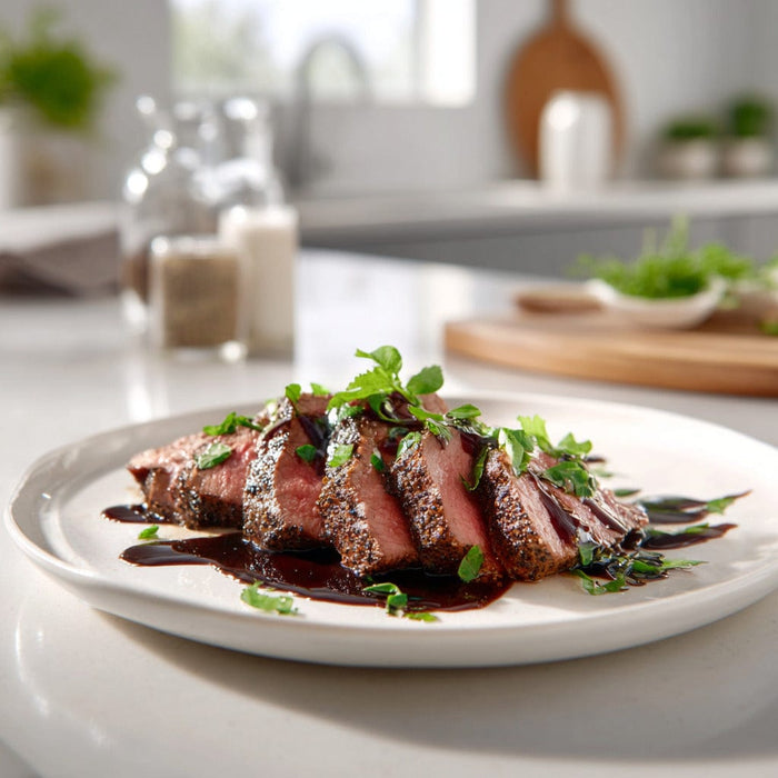 easyChef Pro Pepper-Crusted Flat Iron Steak with Balsamic Reduction and Fresh Herbs