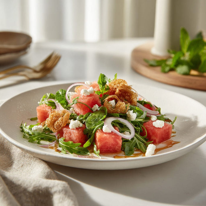 easyChef Pro Refreshing Arugula Watermelon Salad with Caramelized Onions and Feta
