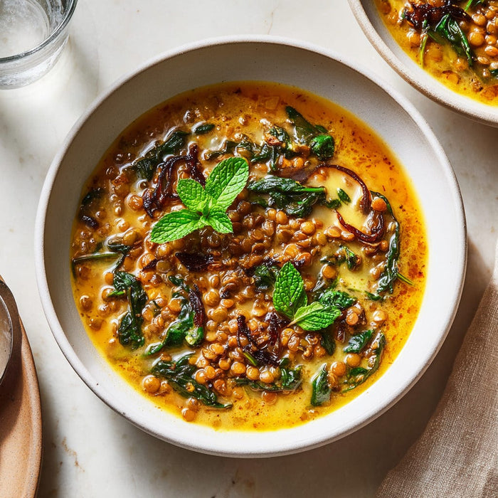 easyChef Pro Refreshing Lemon Lentil Soup with Caramelized Onions and Mint