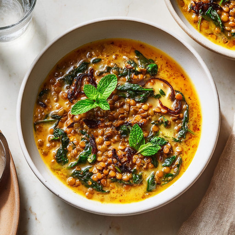 easyChef Pro Refreshing Lemon Lentil Soup with Caramelized Onions and Mint