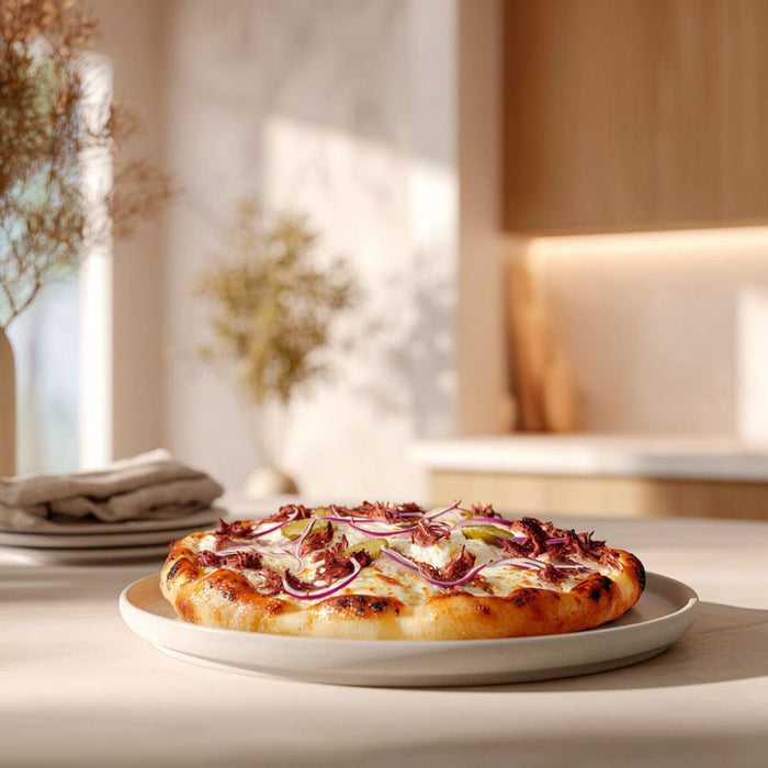 easyChef Pro Smoky BBQ Pulled Pork Pizza with Dill Pickles and Mozzarella