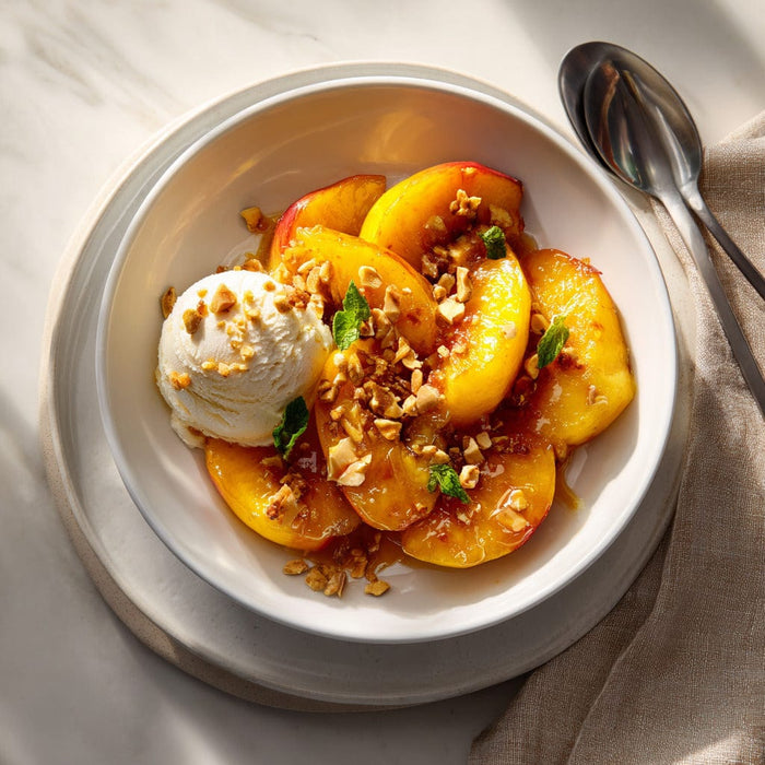 easyChef Pro Spicy Caramelized Peaches with Vanilla Ice Cream and Crunchy Peanut Brittle