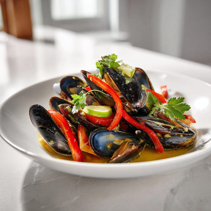 easyChef Pro Spicy Curry Butter Grilled Mussels with Lime and Red Pepper