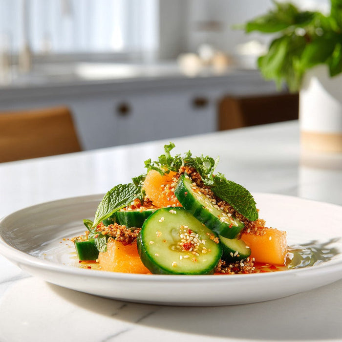 easyChef Pro Spicy Sweet Cucumber and Cantaloupe Salad with Toasted Sesame Crunch