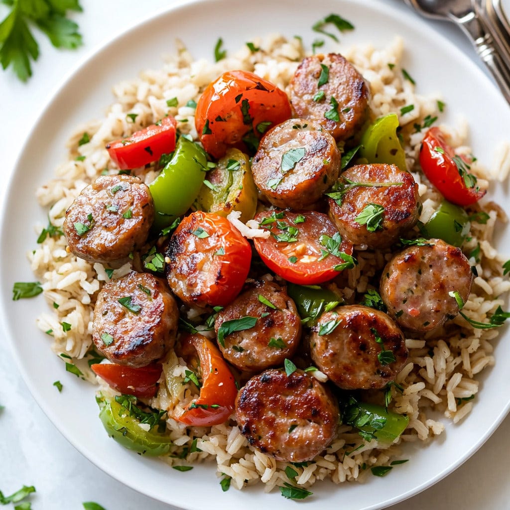easyChef Pro Spicy Turkey Sausage and Pepper Skillet Over Brown Rice