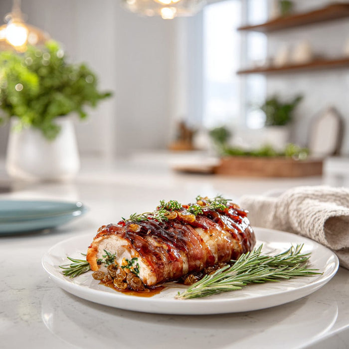 easyChef Pro Sweet and Tangy Bacon-Wrapped Pork Loin with Rosemary and Golden Raisins