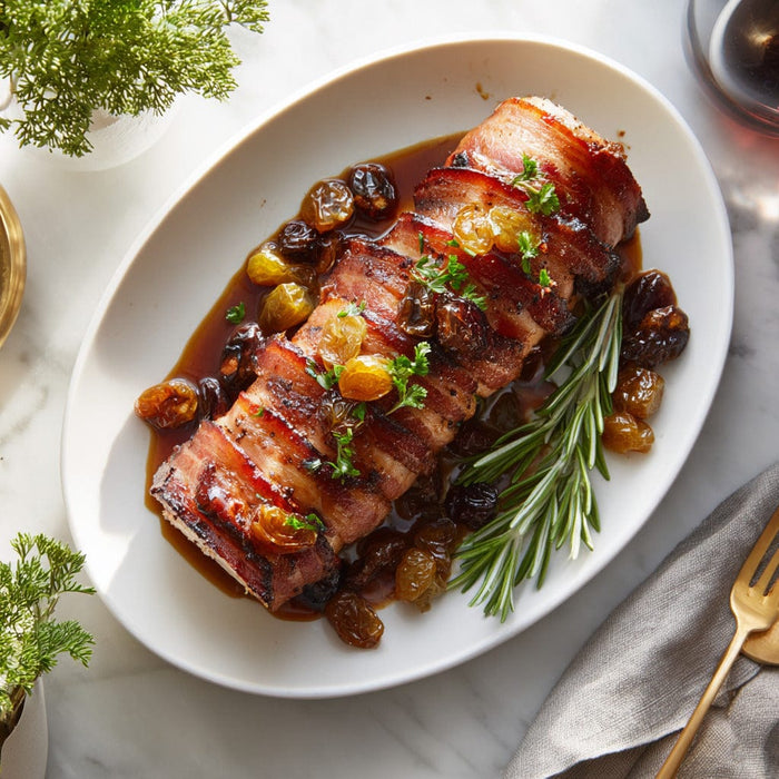 easyChef Pro Sweet and Tangy Bacon-Wrapped Pork Loin with Rosemary and Golden Raisins