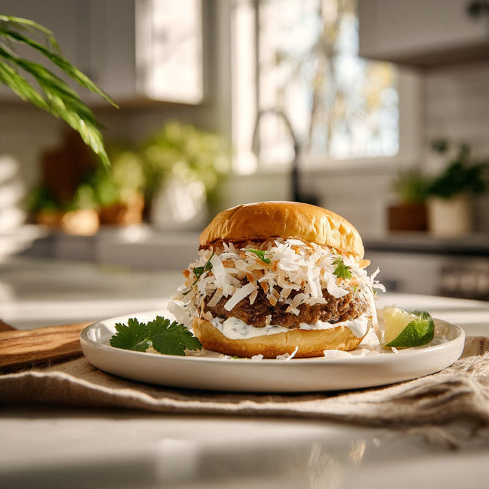 easyChef Pro Tropical Coconut-Lime Beef Burgers with Crunchy Coconut Topping