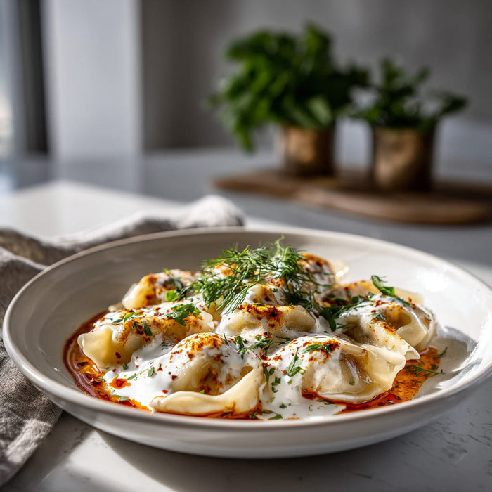 easyChef Pro Turkish Spiced Beef Manti with Garlic Yogurt and Red Pepper Oil