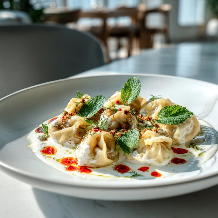 easyChef Pro Turkish Spiced Beef Manti with Garlic Yogurt and Red Pepper Oil