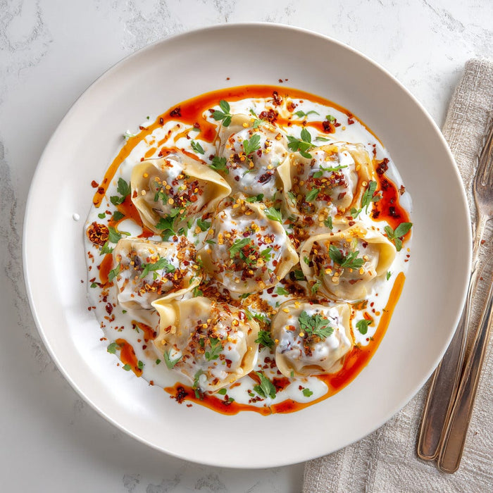easyChef Pro Turkish Spiced Beef Manti with Garlic Yogurt and Red Pepper Oil