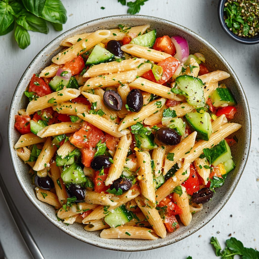 easyChef Pro Vibrant Greek Penne Salad with Fresh Vegetables