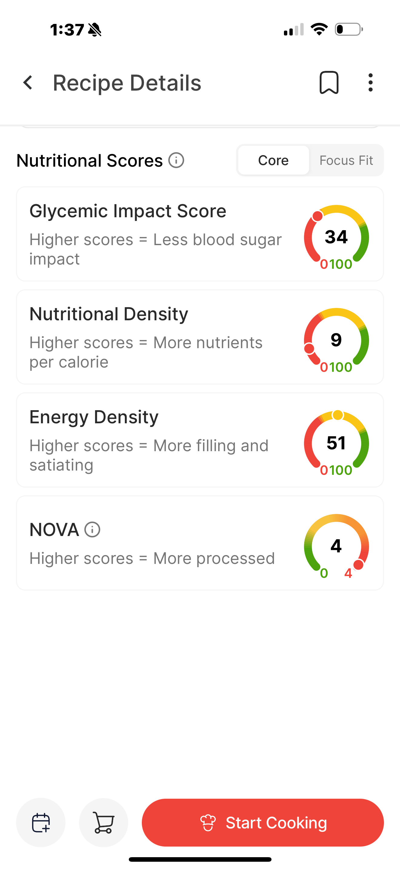 easyChef Pro app showing Core nutrition scores