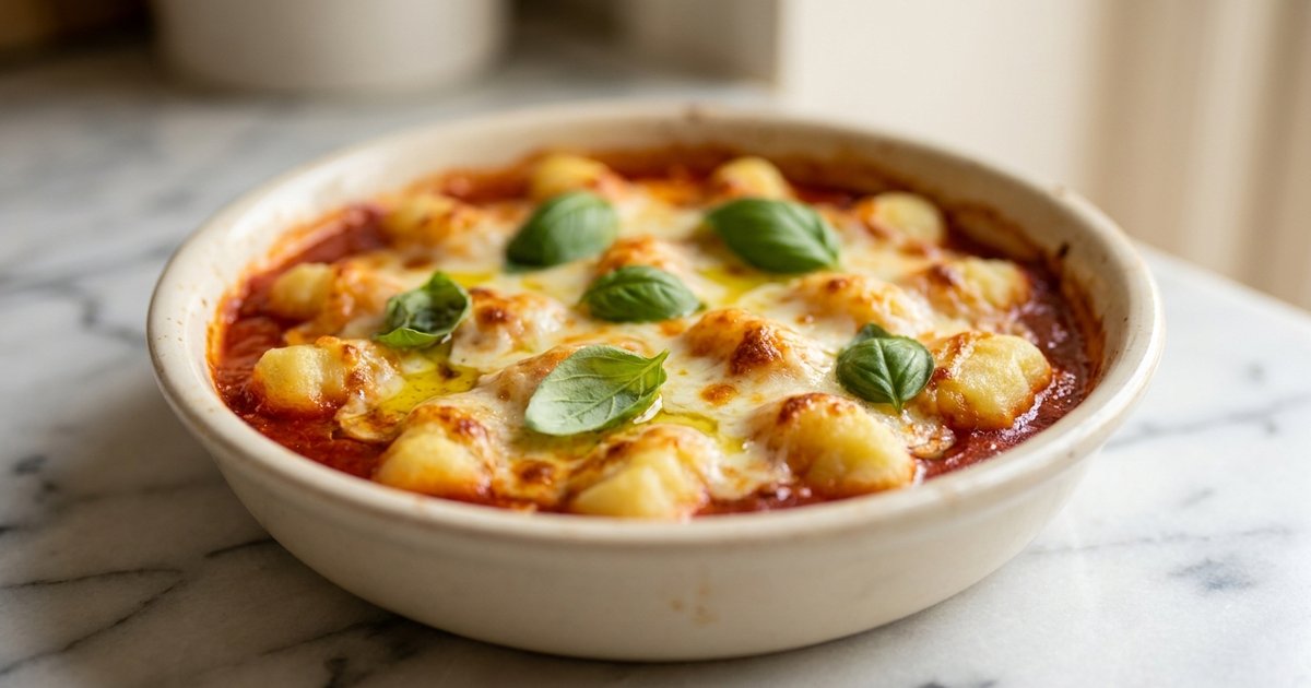 Baked gnocchi alla Sorrentina in tomato sauce topped with melted mozzarella and basil