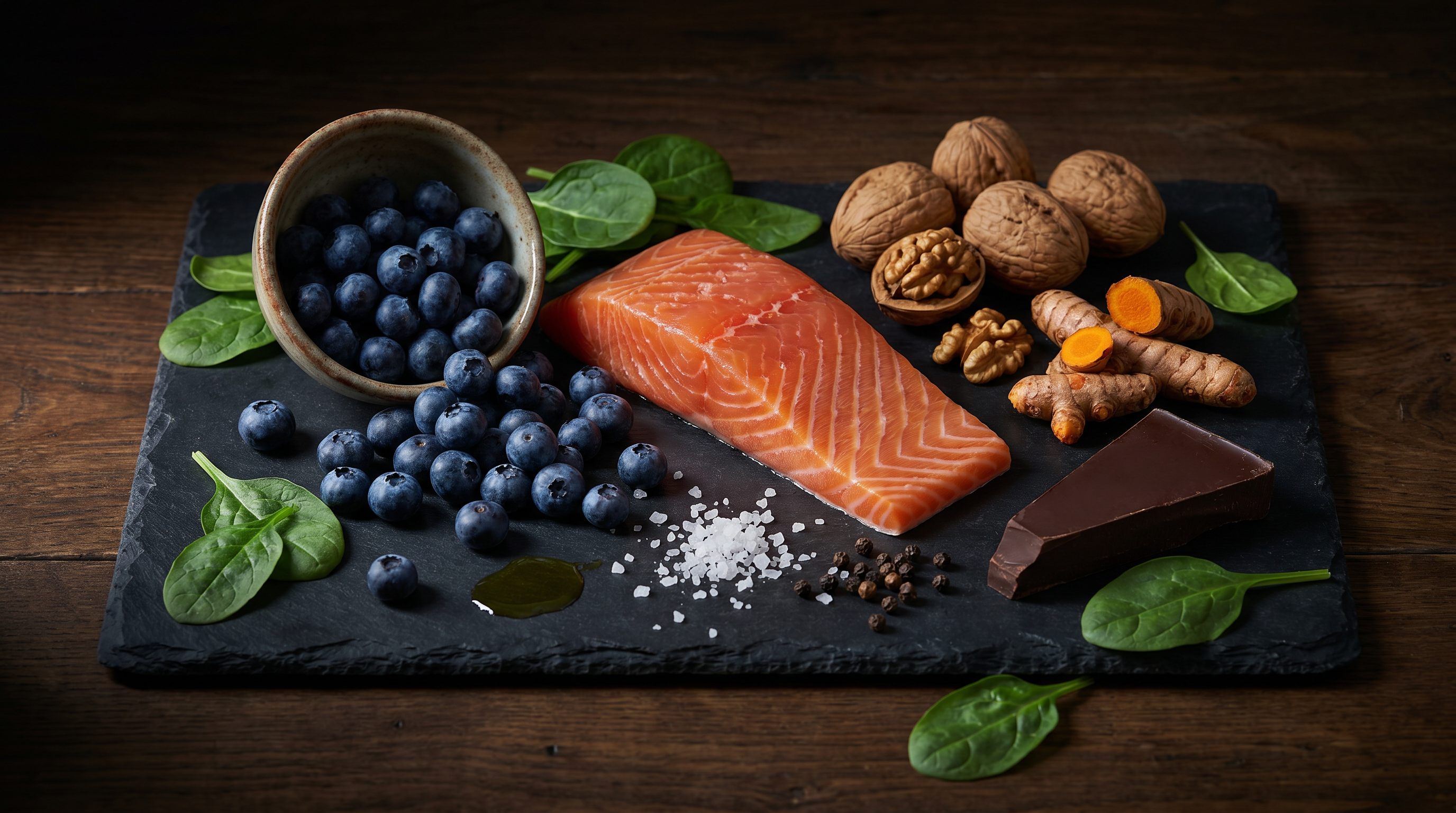 A spread of whole anti-inflammatory foods including salmon, vegetables, olive oil, berries, and nuts
