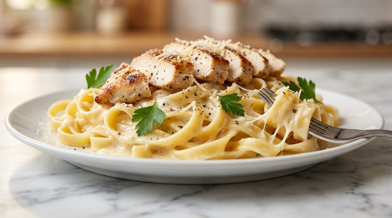 Chicken alfredo fettuccine with grilled chicken breast and parmesan in a black bowl