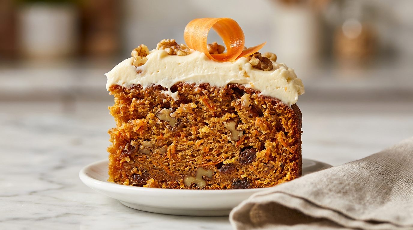 Sliced Costco carrot cake with cream cheese frosting and walnut topping
