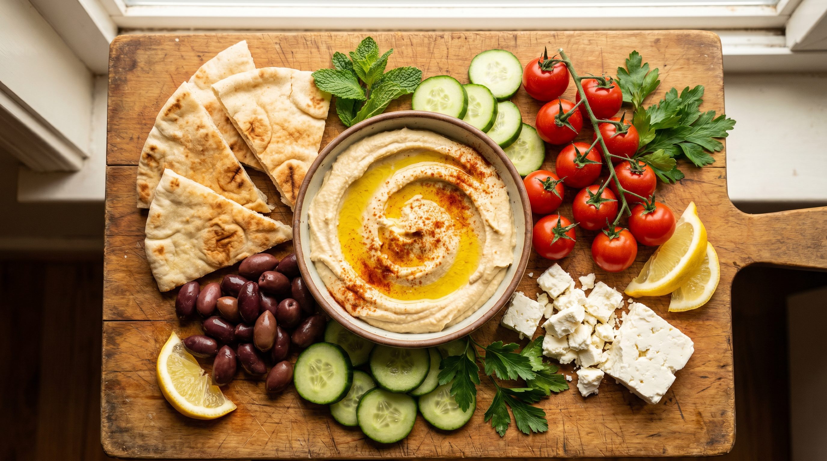 Mediterranean diet spread: olive oil, fresh vegetables, lemon, fish, chickpeas, and whole grains on a clean kitchen counter