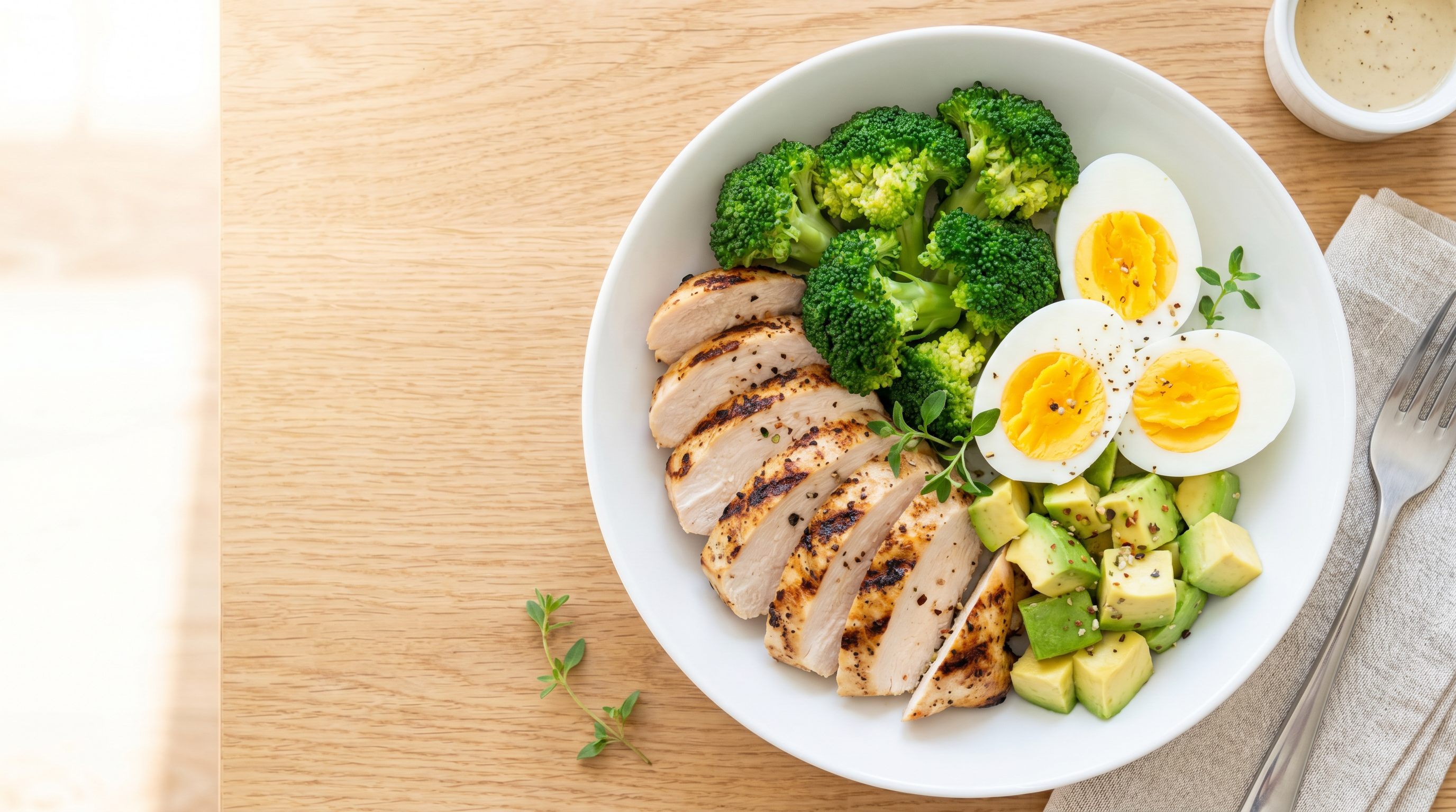 High protein low carb foods: chicken, salmon, eggs, leafy greens, and nuts arranged on a white surface