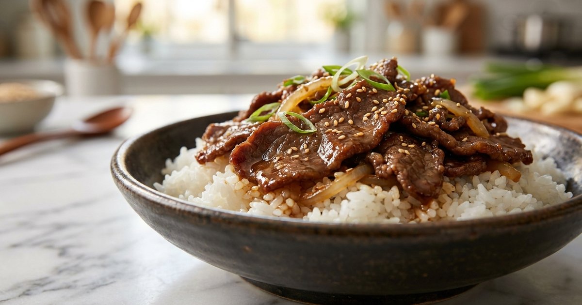 Korean beef bulgogi over white rice in a dark bowl with sesame and scallions