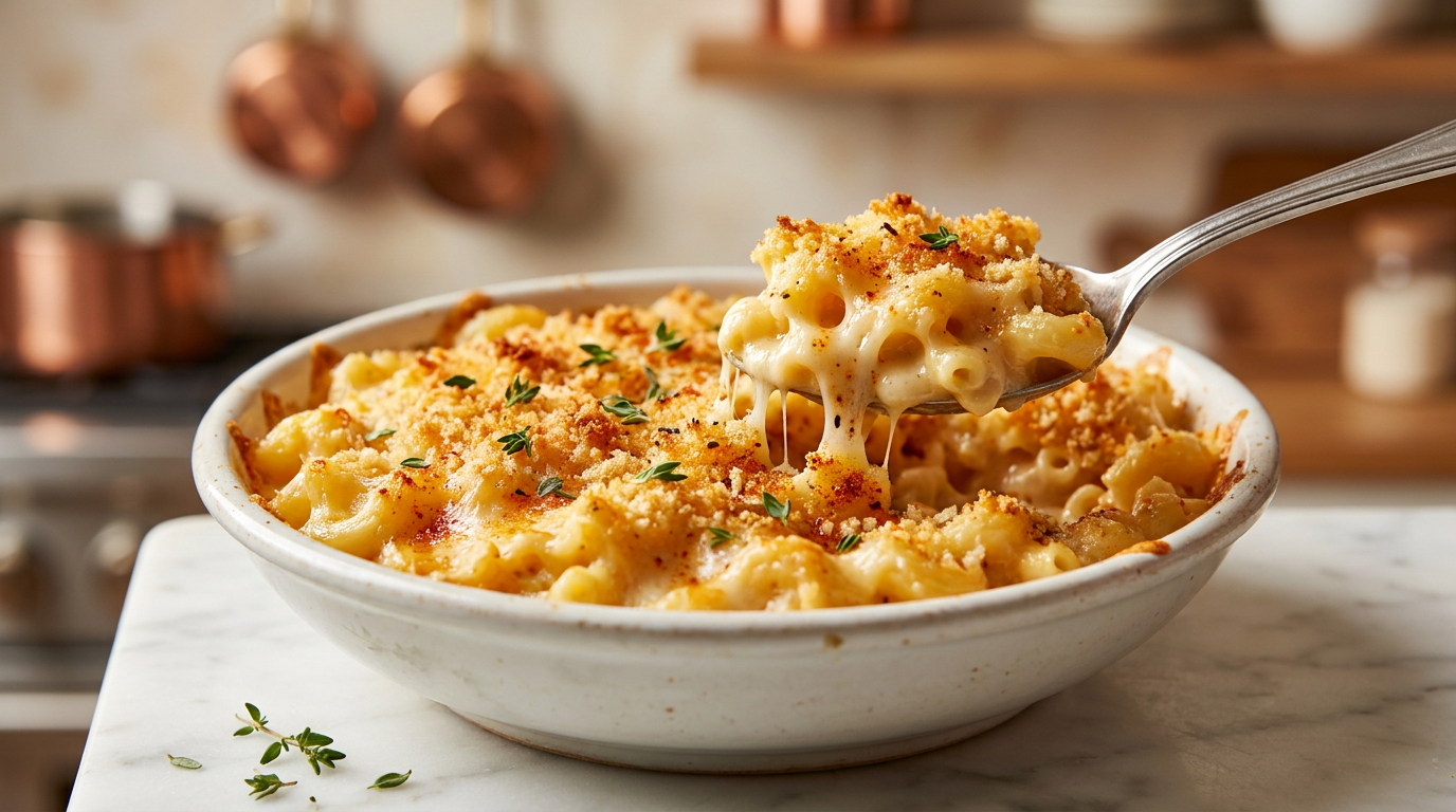 Baked mac and cheese in a black skillet with golden breadcrumb crust and melted cheese pull
