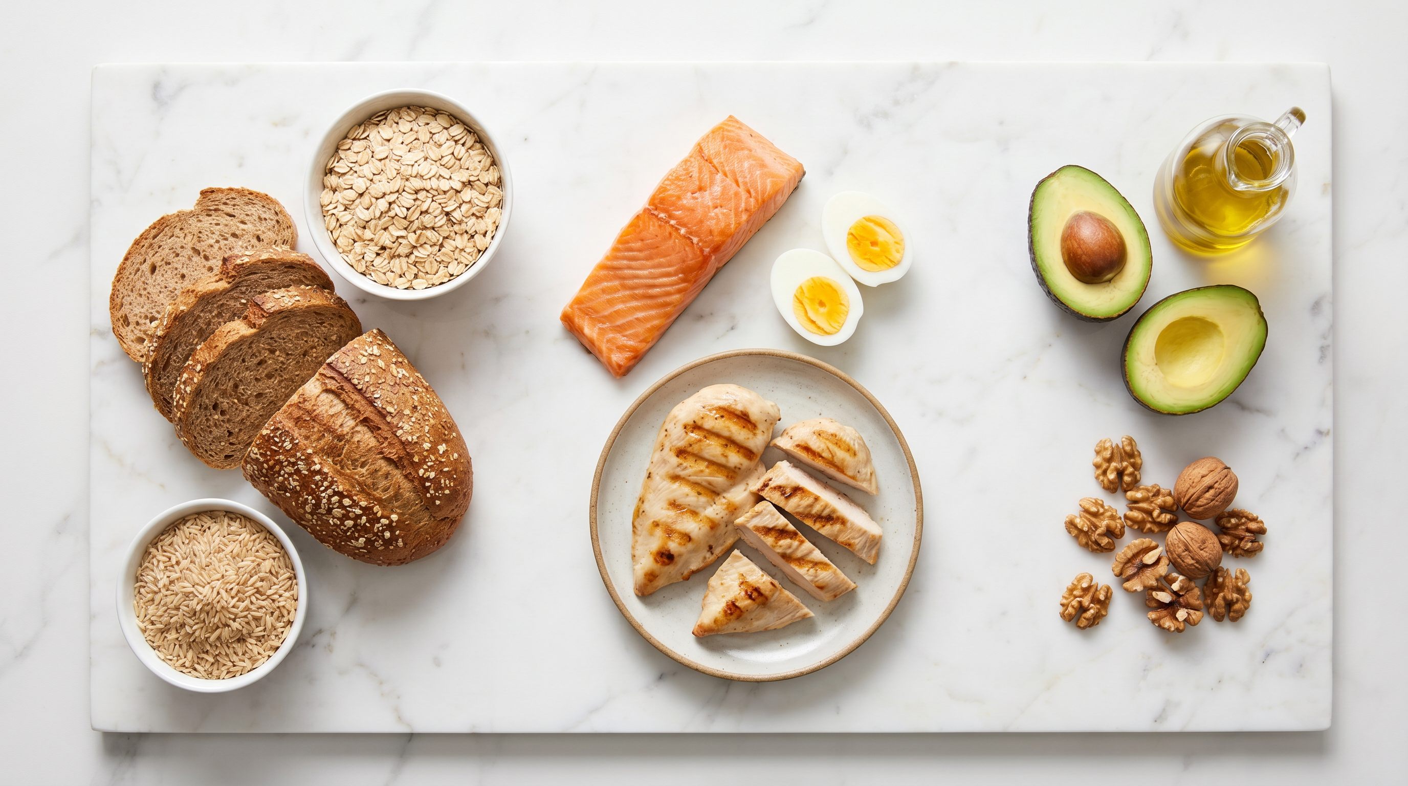 Balanced nutrition spread showing proteins, vegetables, whole grains, and healthy fats