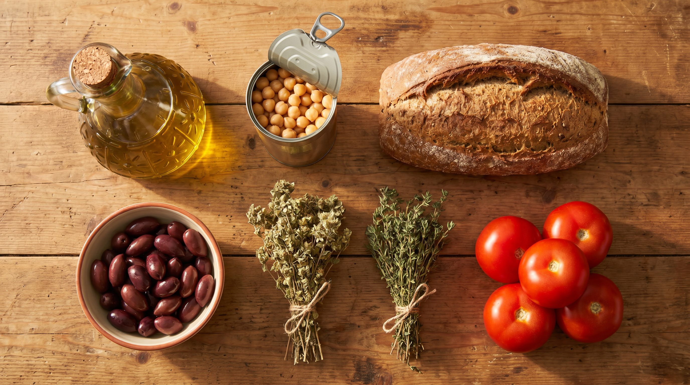 Mediterranean diet ingredients spread: olive oil, whole grains, fish, legumes, fresh vegetables, and herbs organized by food group