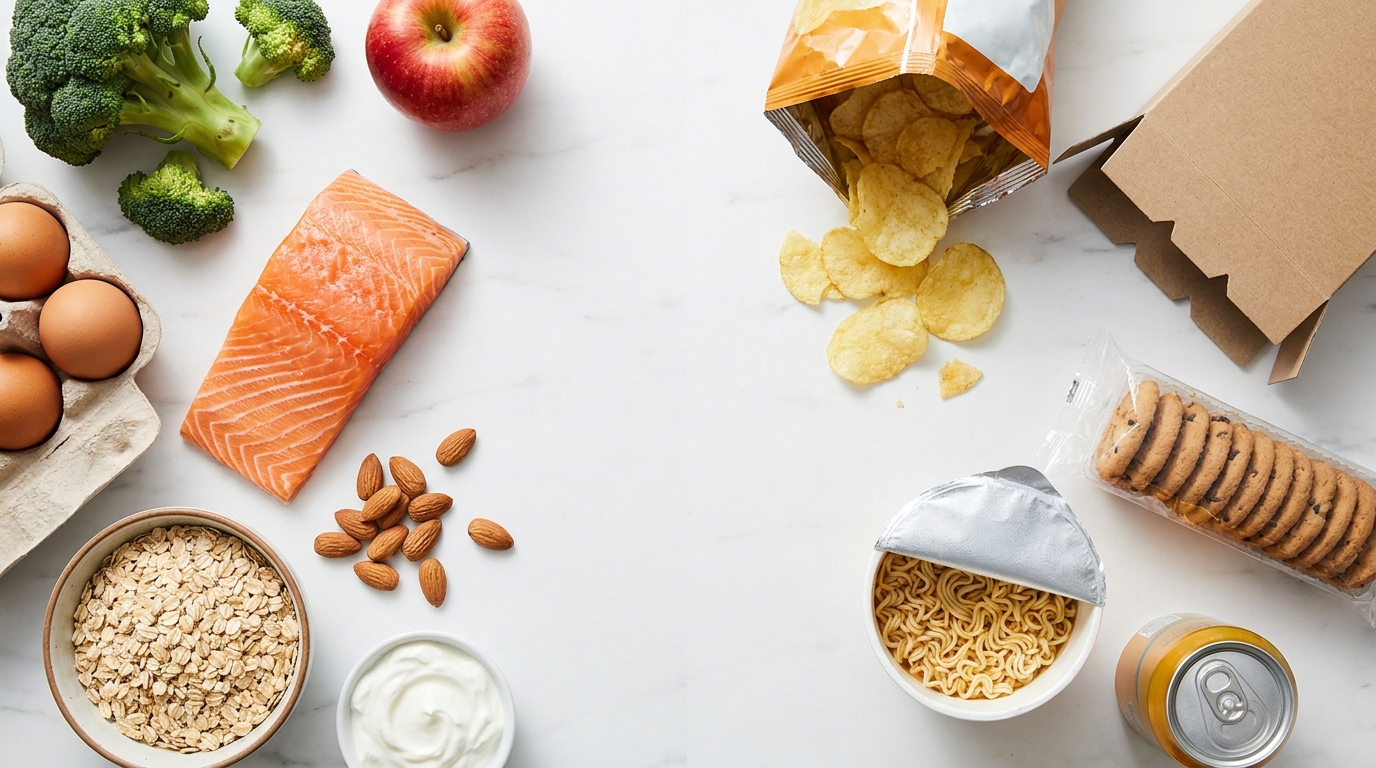 Whole natural foods alongside ultra-processed packaged foods illustrating the NOVA food classification scale from 1 to 4