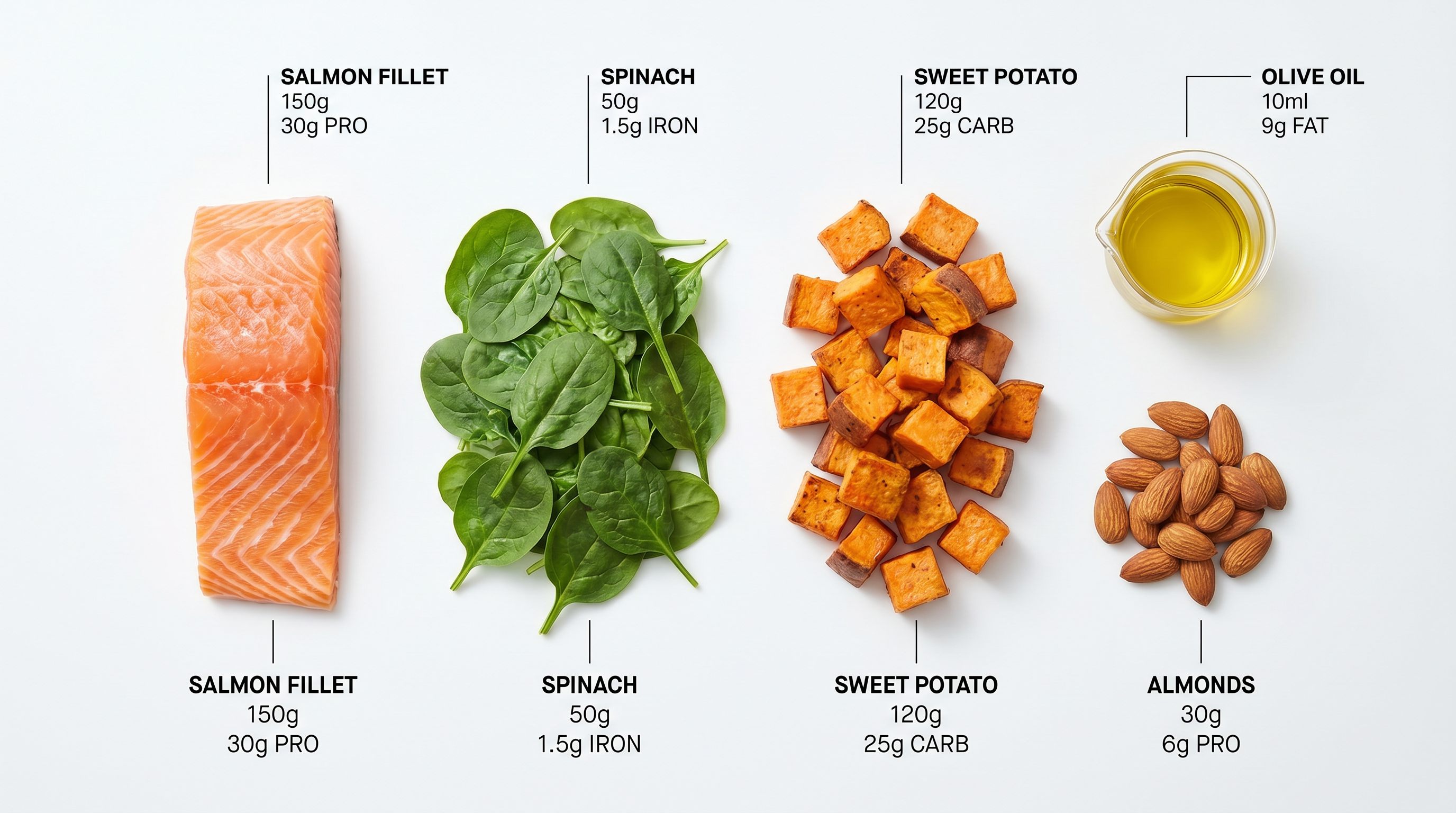 Colourful whole food spread including avocado, salmon, berries, broccoli, and almonds on a marble counter