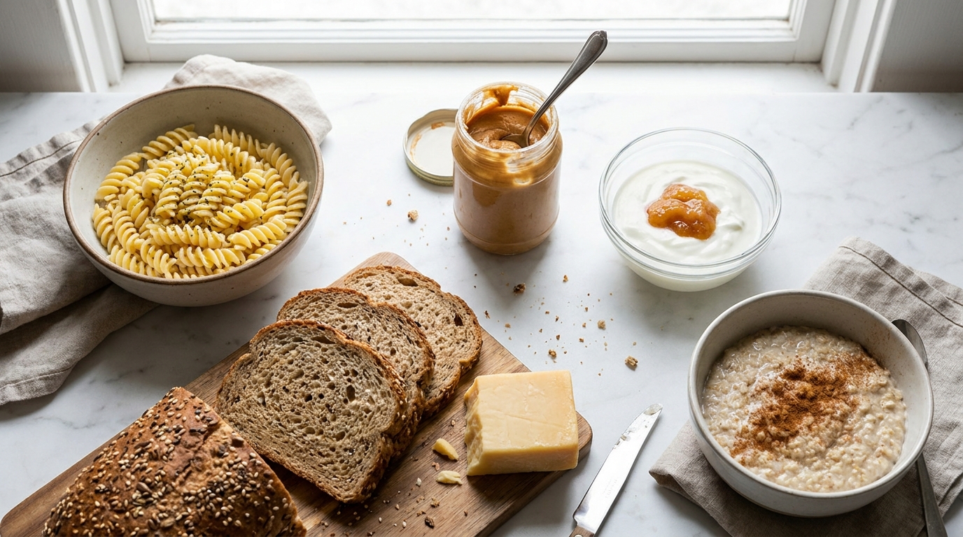 Overhead flat lay of pasta, bread, cheddar cheese, peanut butter, and yogurt on a white marble surface