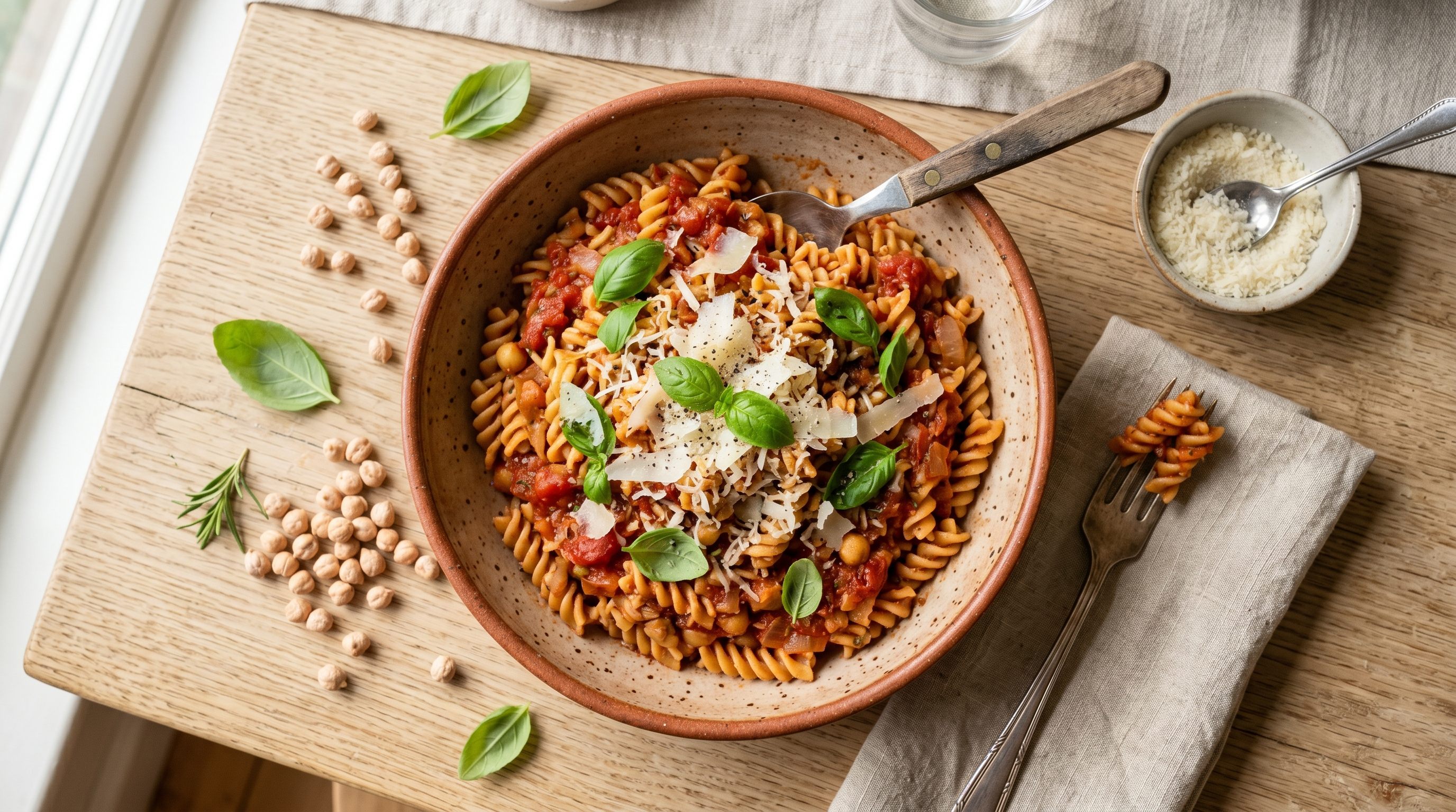 Different types of pasta including chickpea and lentil pasta alongside regular wheat pasta with protein-rich ingredients