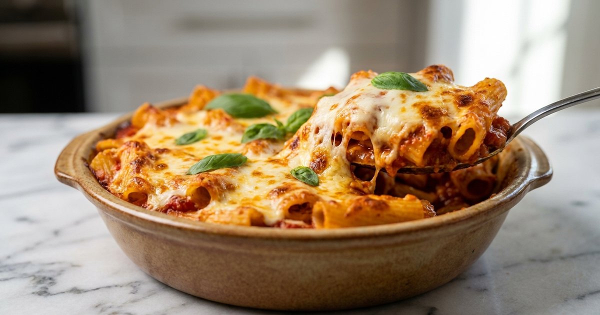 Baked rigatoni in tomato sauce with a golden bubbling mozzarella top in a ceramic dish