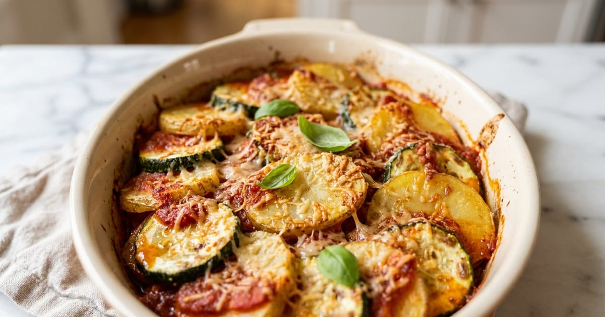 Stanley Tucci's zucchini parmesan casserole: layers of roasted zucchini and potato under marinara and melted Parmesan